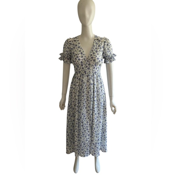 Since Then White Blue Floral Print Long Puff Sleeve A-line  Maxi Dress M V-neck - Picture 1 of 8